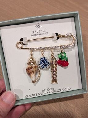 atterri Gold Charm Brooch with Shell, Cherry & Crystal Charms
